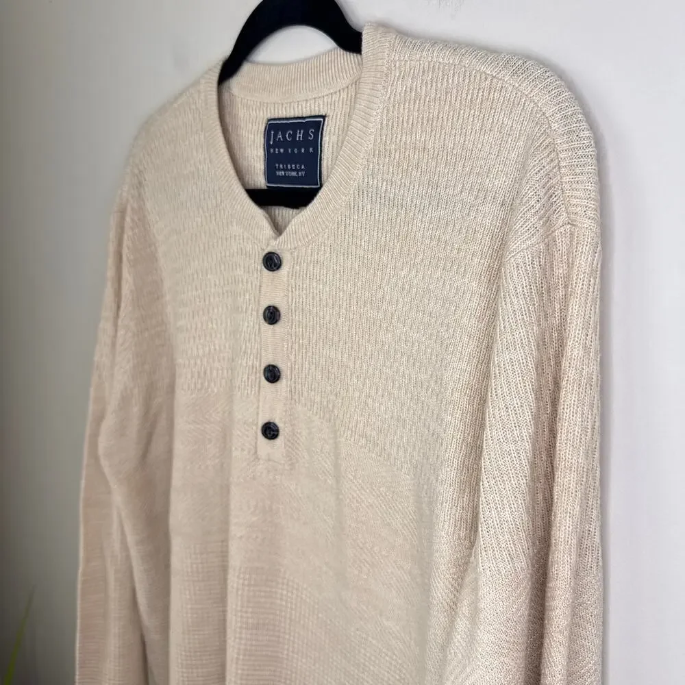 Jachs Men's Mixed Stitch Waffle‎ Sweater Henley XL Pattern Cream Long Sleeves